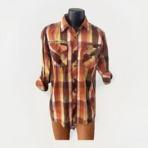 Smoke Rise Men's Plaid Button Down Shirt Orange, Yellow,brown Size XL